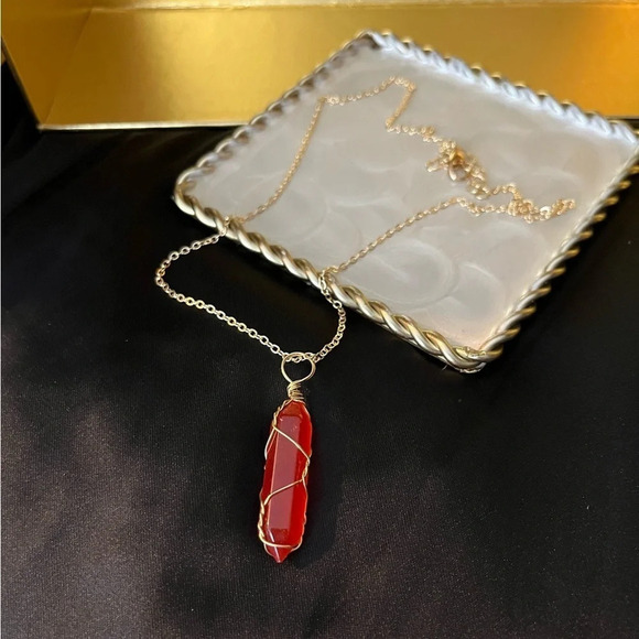 Red Quartz Wire Wrapped Crystal Necklace - Picture 3 of 6